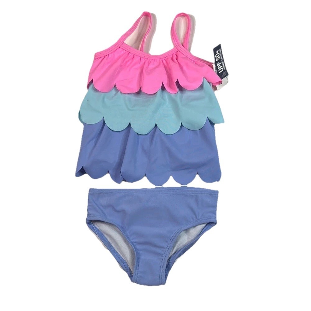 OshKosh B'gosh Baby Girls Pink & Blue Ruffled Bikini Swimsuit‎ Size 3 Months NWT